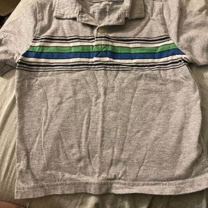 Grey polo with blue and green stripes
